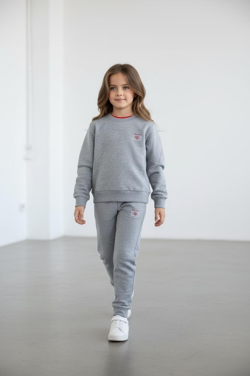 Kız Çocuk Gri Melanj Renk Kol Paça Lastikli Uzun Kollu Eşofman Takımı - 40003