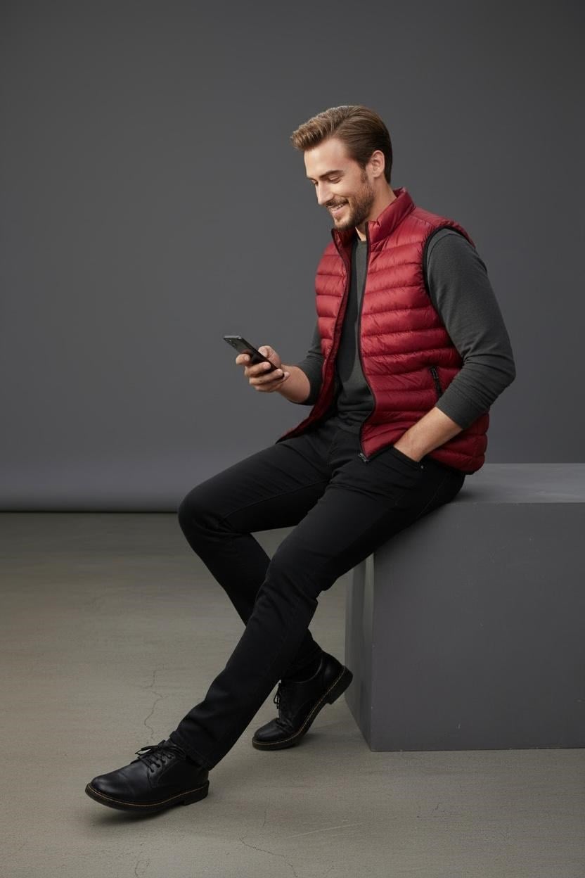 Erkek Şişme Yelek Hafif Dolgulu Günlük Spor Kullanım Dik Yaka Fermuarlı Modern Tasarım Bordo Renk-10001