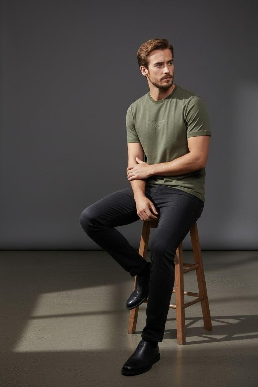 Erkek Baskılı Süprem Kumaş Basic Tişört Slim Fit Pamuklu Erkek T-Shirt Koyu Haki-180