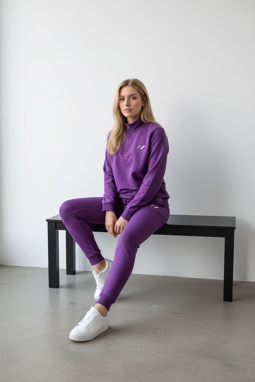 Kadın Mor İki İplik Dik Yaka Fermuarlı Eşofman Takımı - 76488