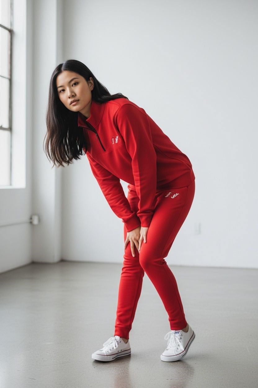 Kadın Kırmızı İki İplik Dik Yaka Fermuarlı Eşofman Takımı - 76488