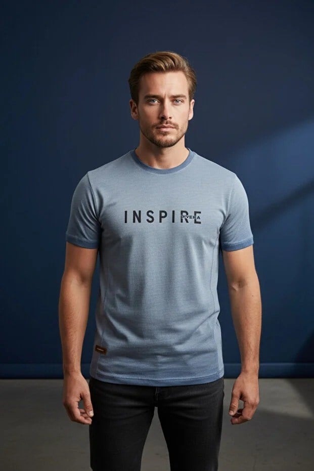 Erkek Mavi Inspire Baskılı Süprem Kumaş Tişört Slim Fit Pamuklu Yazlık Erkek T-Shirt İndigo-181
