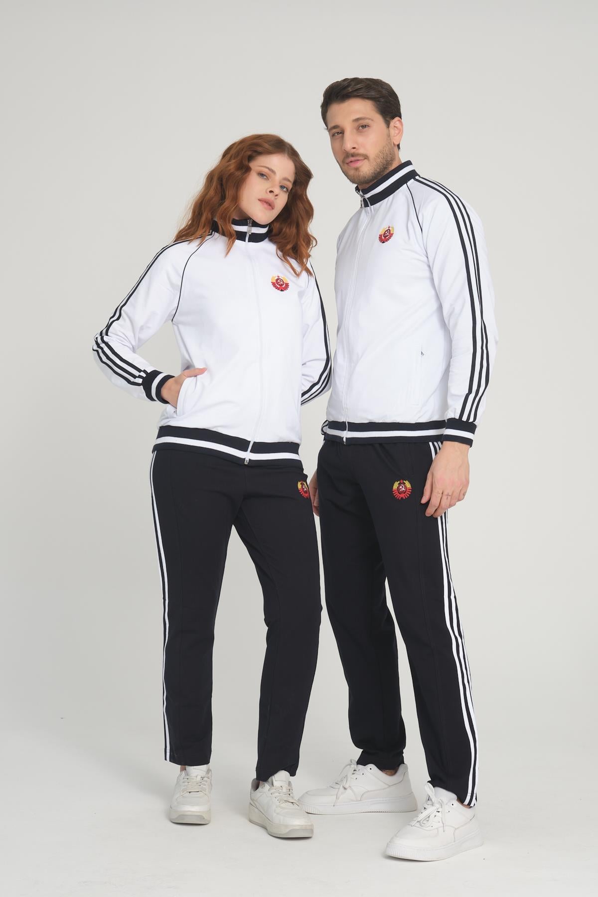 Beyaz Unisex İki İplik Fermuarlı Sevgili Çift Kombin Rahat Spor Eşofman Takımı - 2'li