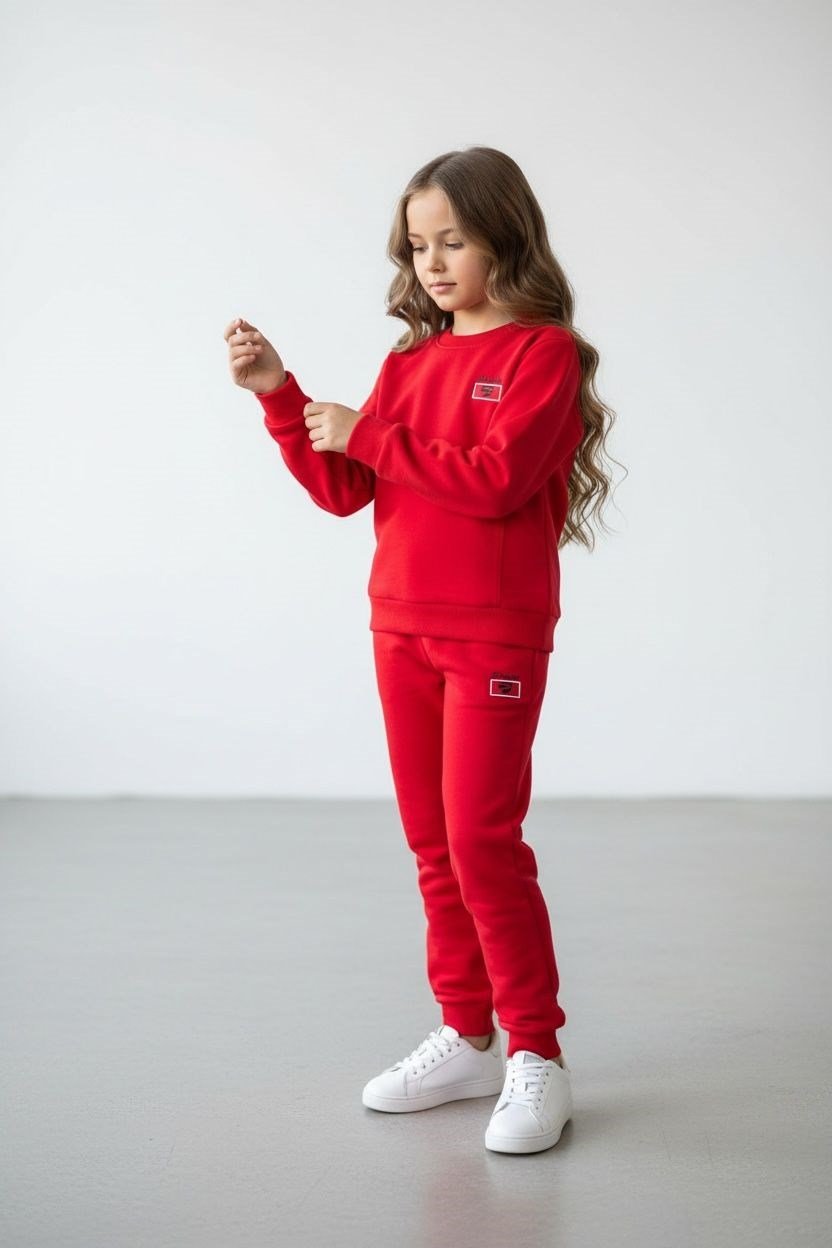 Kız Çocuk Kırmızı Renk Kol Paça Lastikli Uzun Kollu Eşofman Takımı - 40003