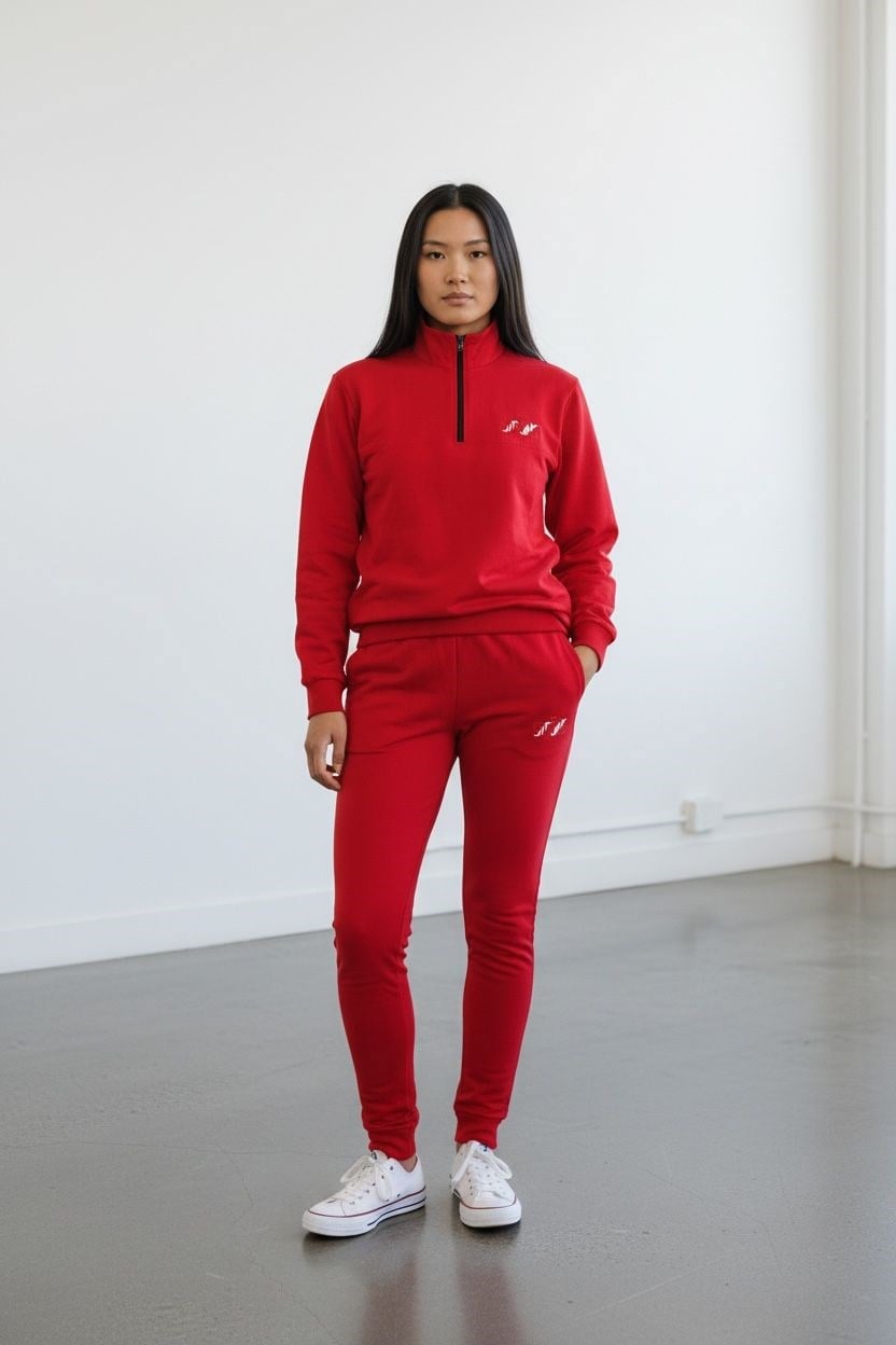 Kadın Kırmızı İki İplik Dik Yaka Fermuarlı Eşofman Takımı - 76488