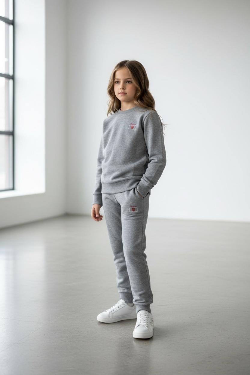 Kız Çocuk Gri Melanj Renk Kol Paça Lastikli Uzun Kollu Eşofman Takımı - 40003
