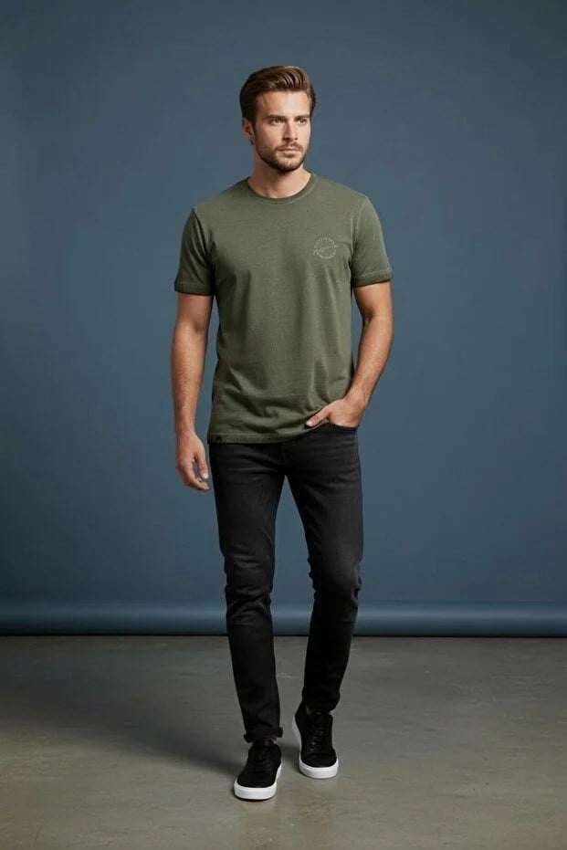 Erkek Basic Tişört Slim Fit Bisiklet Yaka Pamuklu Rahat Günlük T-Shirt Koyu Haki -179