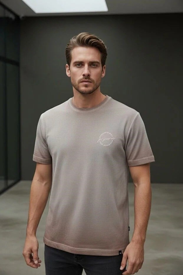 Erkek Basic Tişört Slim Fit Bisiklet Yaka Pamuklu Rahat Günlük T-Shirt Açık Kahve -179