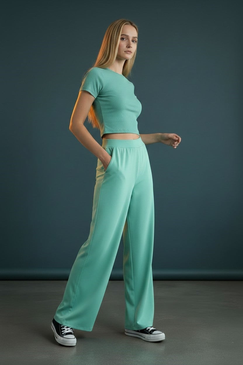 Kadın Kaşkorse Kumaş Bisiklet Yaka Mint Crop Tişört - 2004