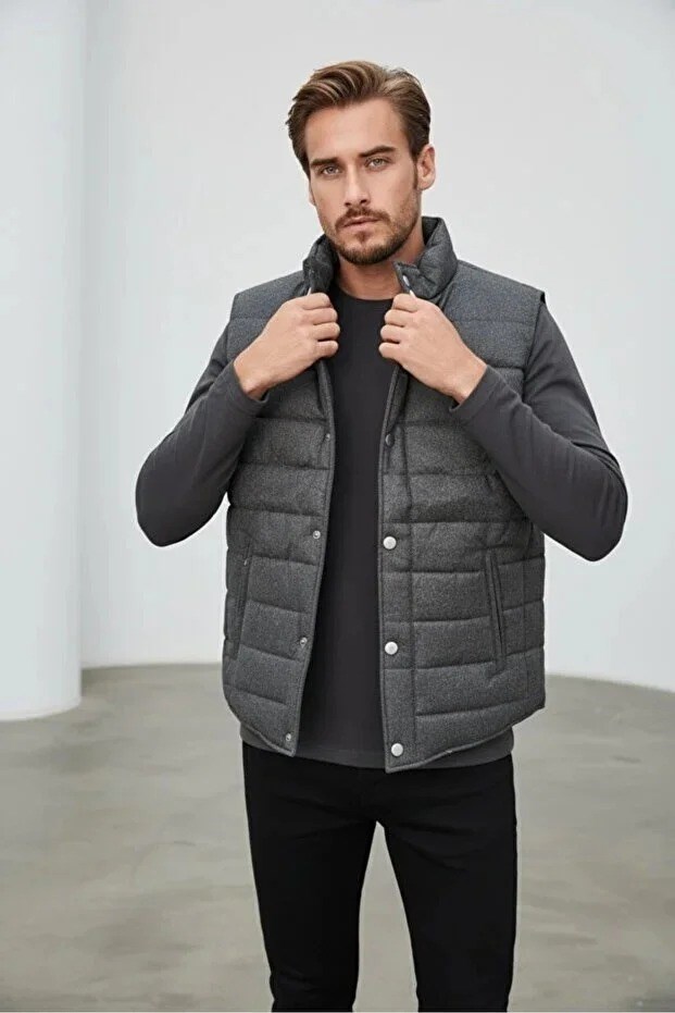 Erkek Şişme Yelek Hafif Dolgulu Günlük Spor Kullanım Dik Yaka Fermuarlı Modern Tasarım Füme Renk-70007