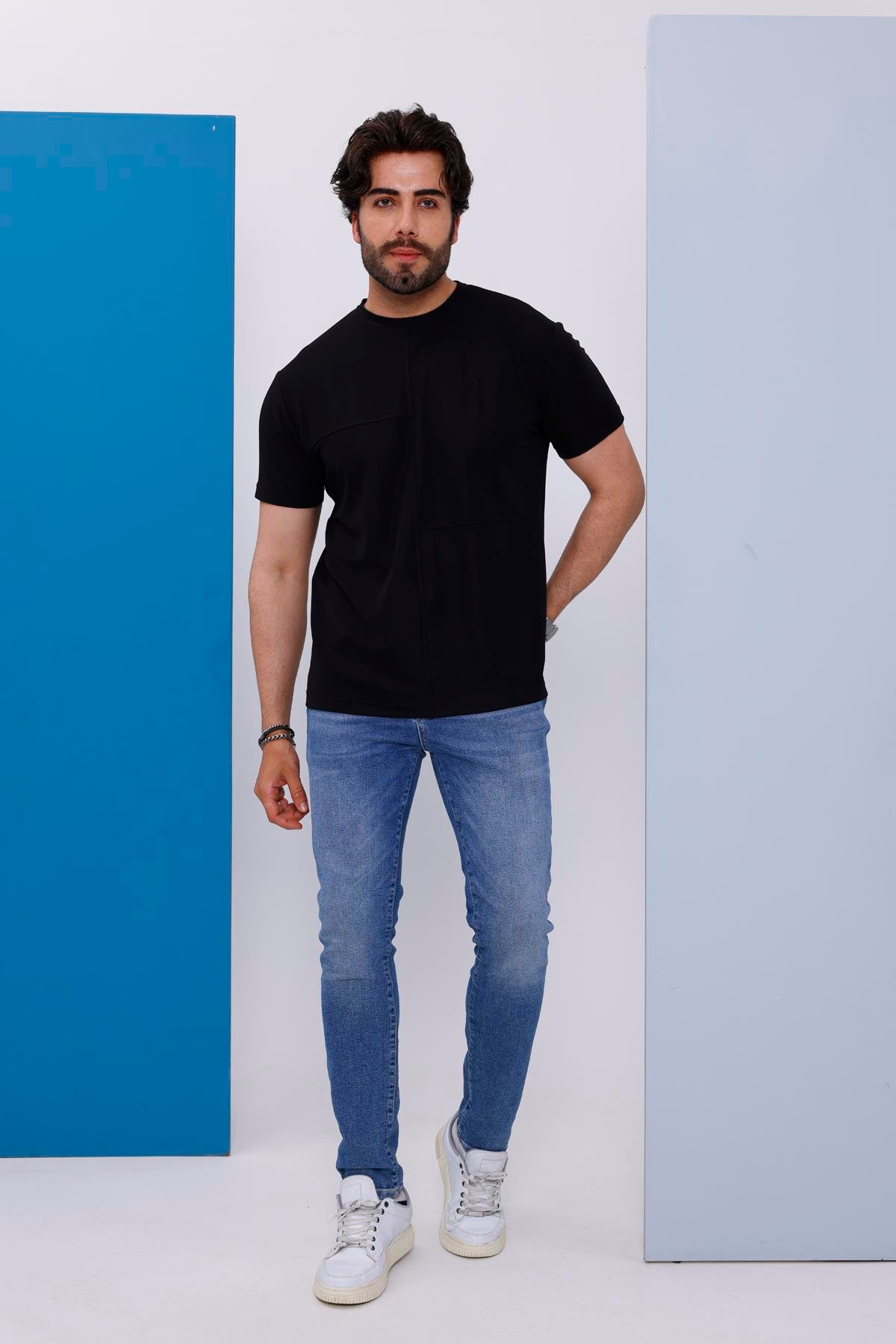 Erkek Siyah Bisiklet Yaka Normal ve Battal Beden T-Shirt - 172