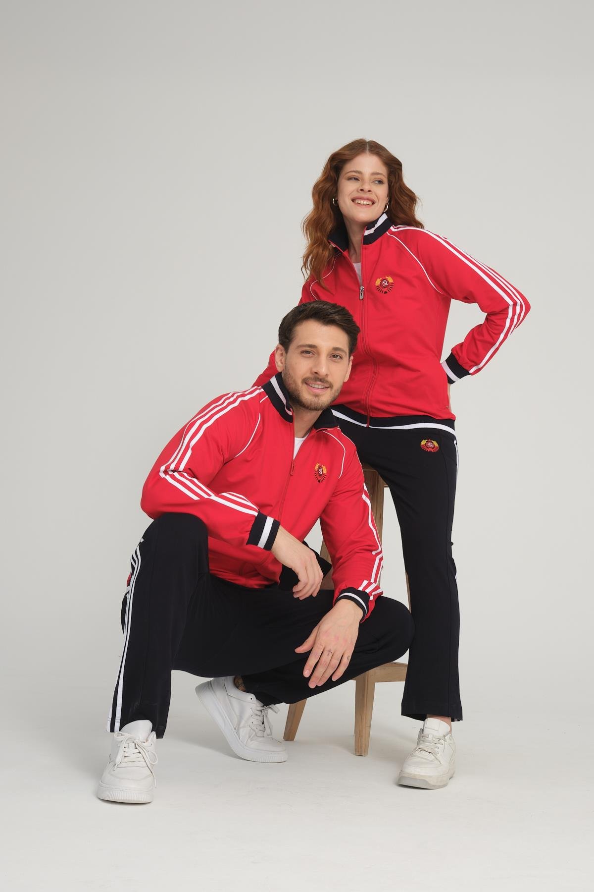 Kırmızı Unisex İki İplik Fermuarlı Sevgili Çift Kombin Rahat Spor Eşofman Takımı - 2'li