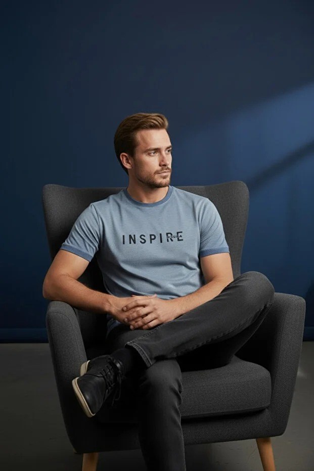 Erkek Mavi Inspire Baskılı Süprem Kumaş Tişört Slim Fit Pamuklu Yazlık Erkek T-Shirt İndigo-181