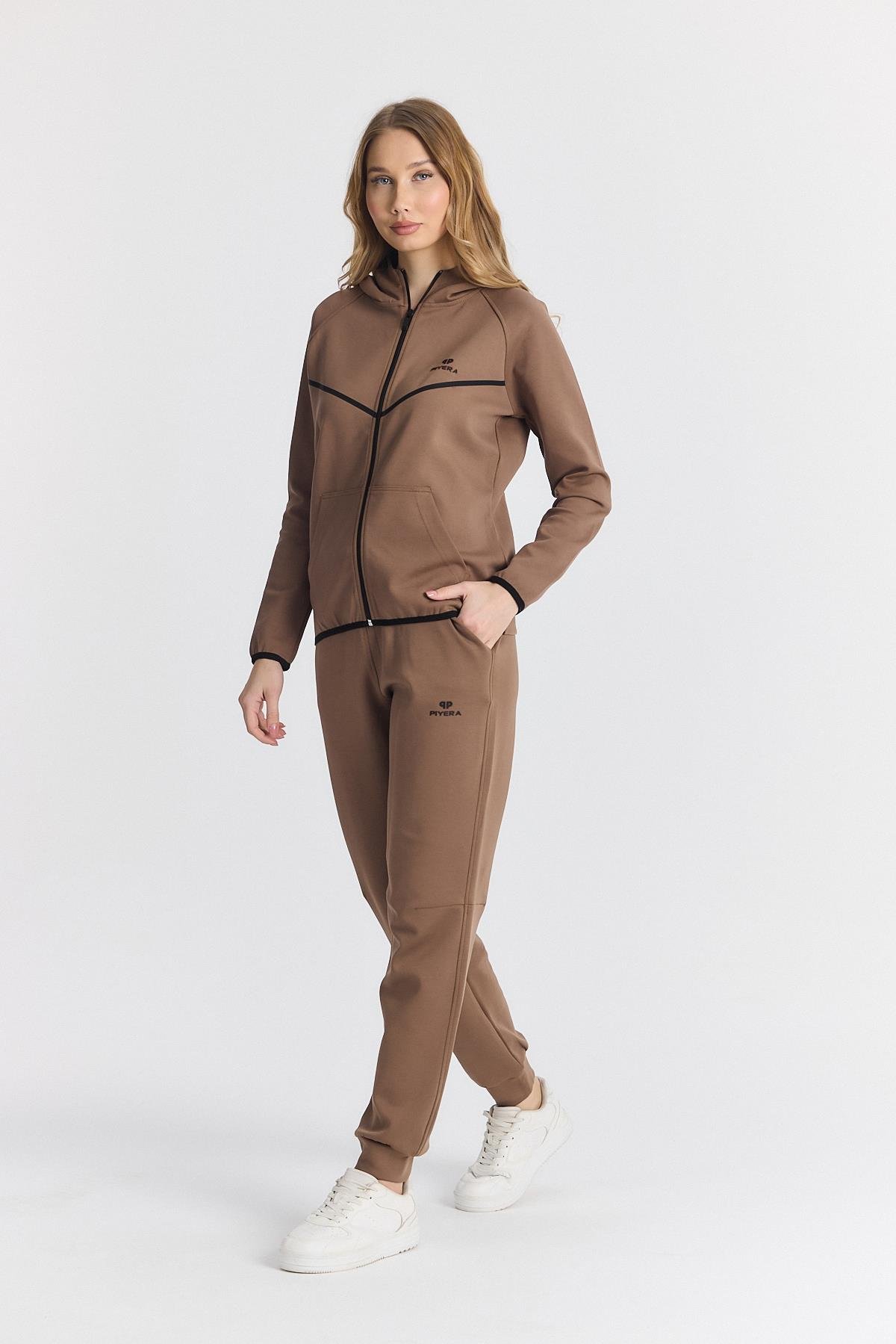 Kadın Double Face Göğüs Şeritli Lastikli Paça Fermuarlı Kapüşonlu Kahverengi Eşofman Takımı - 7805