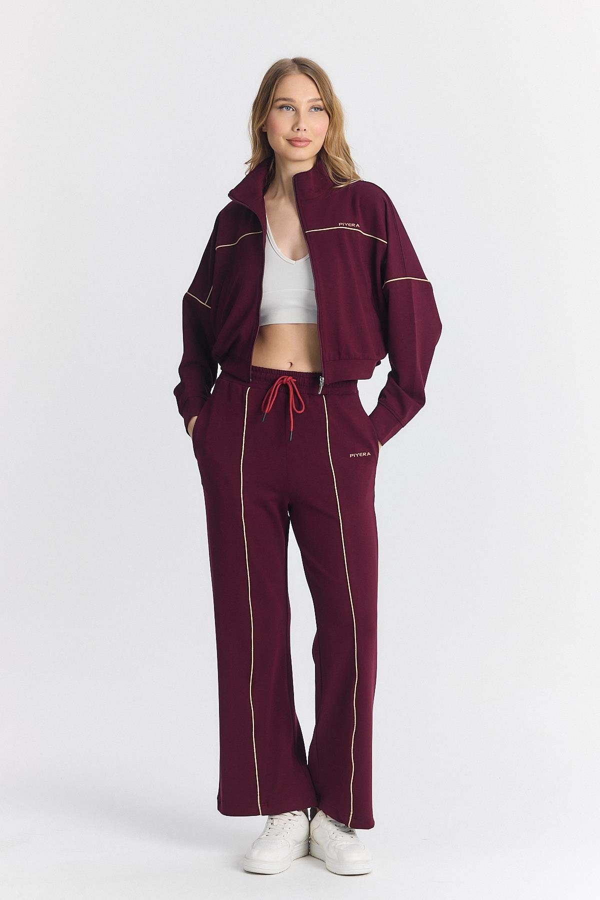Kadın Oyysho Kumaş Düşük Kol Rahat Crop Fermuarlı Geniş Paça Bordo Eşofman Takımı - 7807