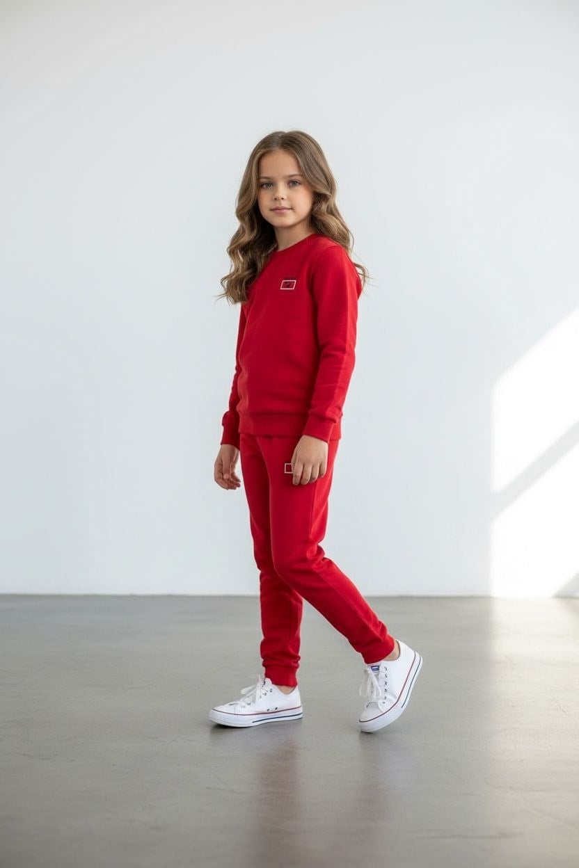 Kız Çocuk Kırmızı Renk Kol Paça Lastikli Uzun Kollu Eşofman Takımı - 40003