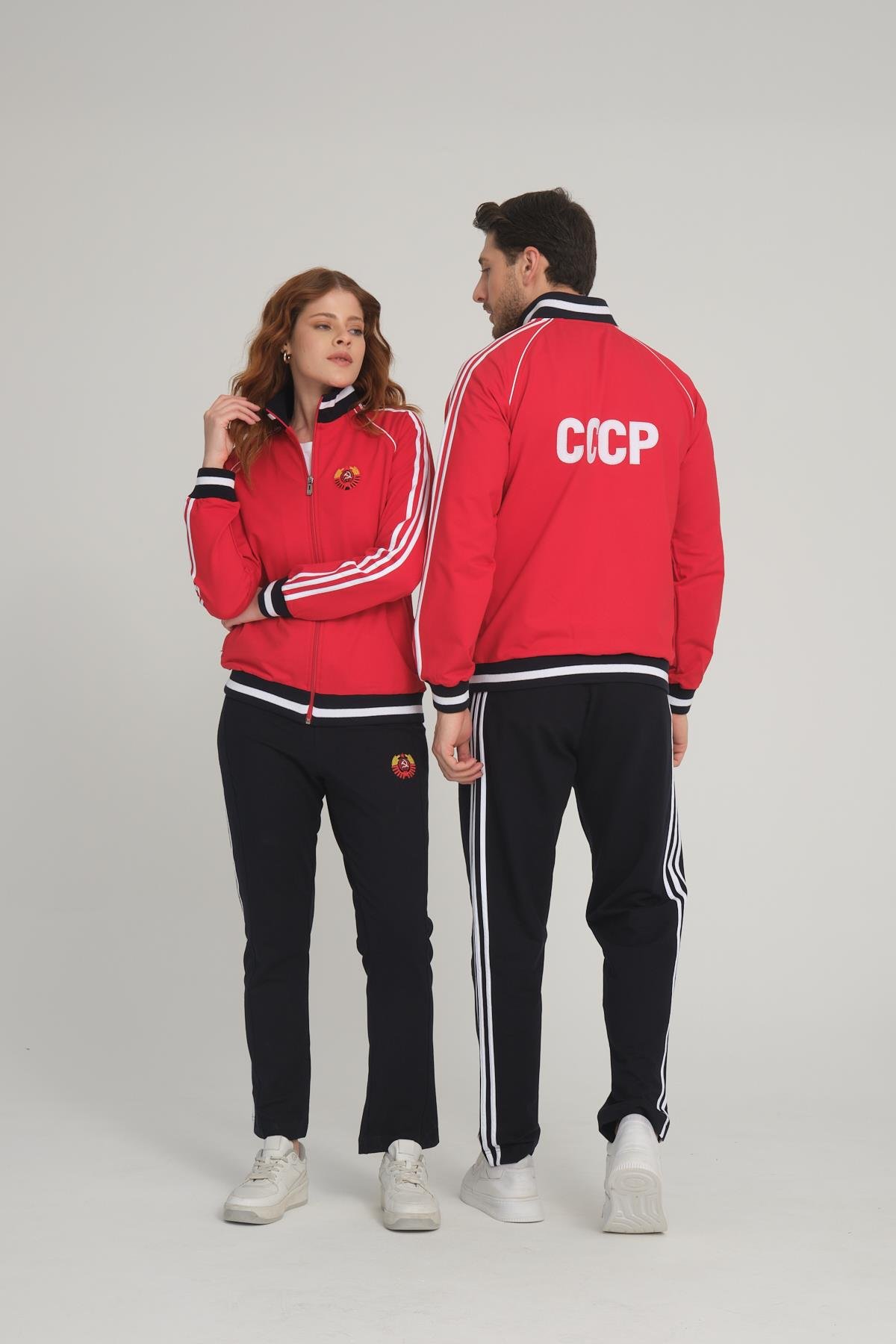 Kırmızı Unisex İki İplik Fermuarlı Sevgili Çift Kombin Rahat Spor Eşofman Takımı - 2'li