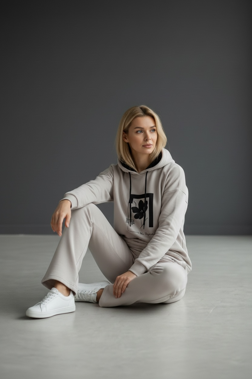 Kadın İki İplik Kapüşonlu Cepli Çiçek Baskılı Geniş Paça Taş Eşofman Takımı - 7794