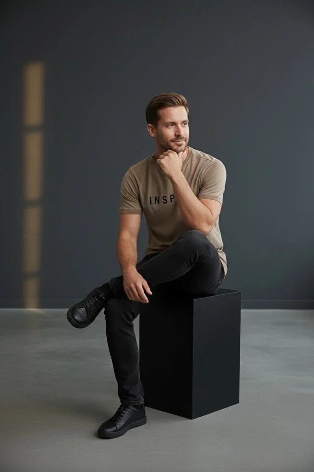 Erkek Mavi Inspire Baskılı Süprem Kumaş Tişört Slim Fit Pamuklu Yazlık Erkek T-Shirt Koyu Kahve-181