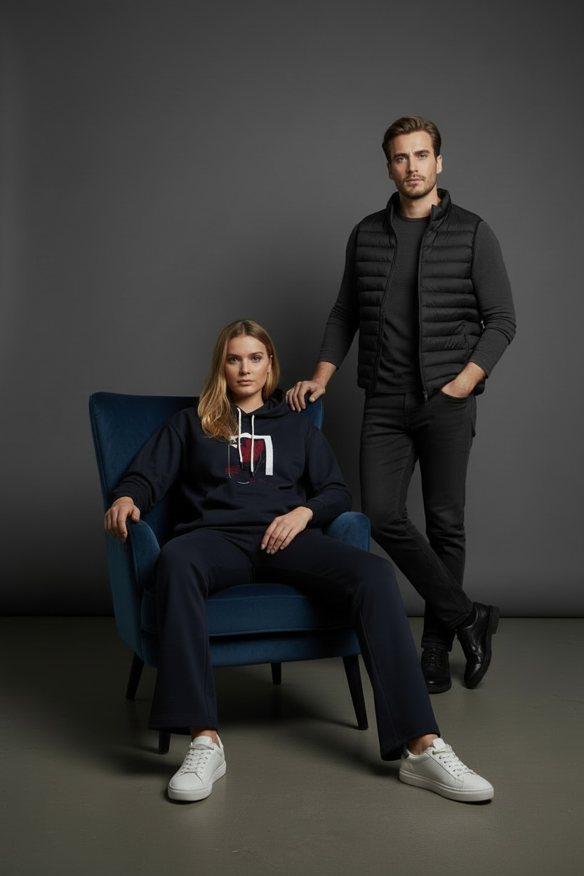 Kadın İki İplik Kapüşonlu Cepli Çiçek Baskılı Geniş Paça Lacivert Eşofman Takımı - 7794