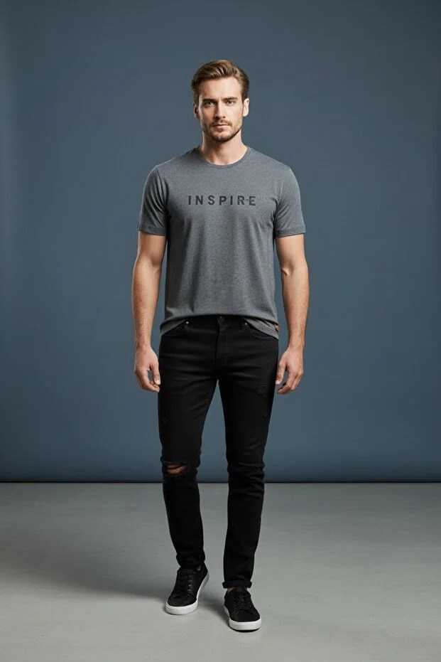 Erkek Mavi Inspire Baskılı Süprem Kumaş Tişört Slim Fit Pamuklu Yazlık Erkek T-Shirt Siyah-181