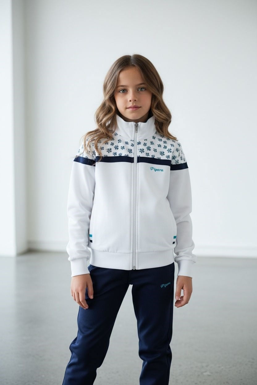 Kız Çocuk Lastikli Paça Fermuarlı Beyaz Eşofman Takımı - 40006