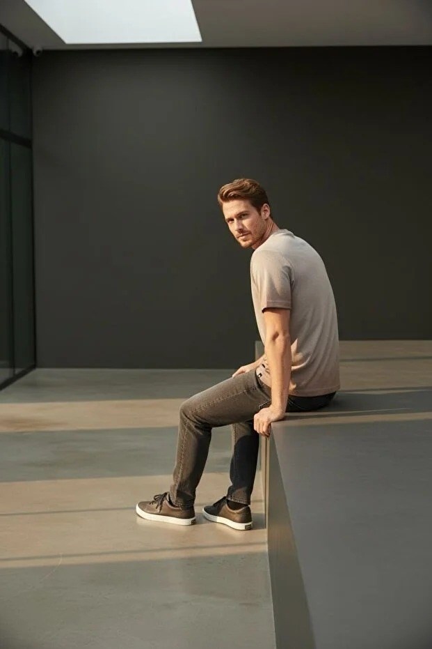 Erkek Basic Tişört Slim Fit Bisiklet Yaka Pamuklu Rahat Günlük T-Shirt Açık Kahve -179