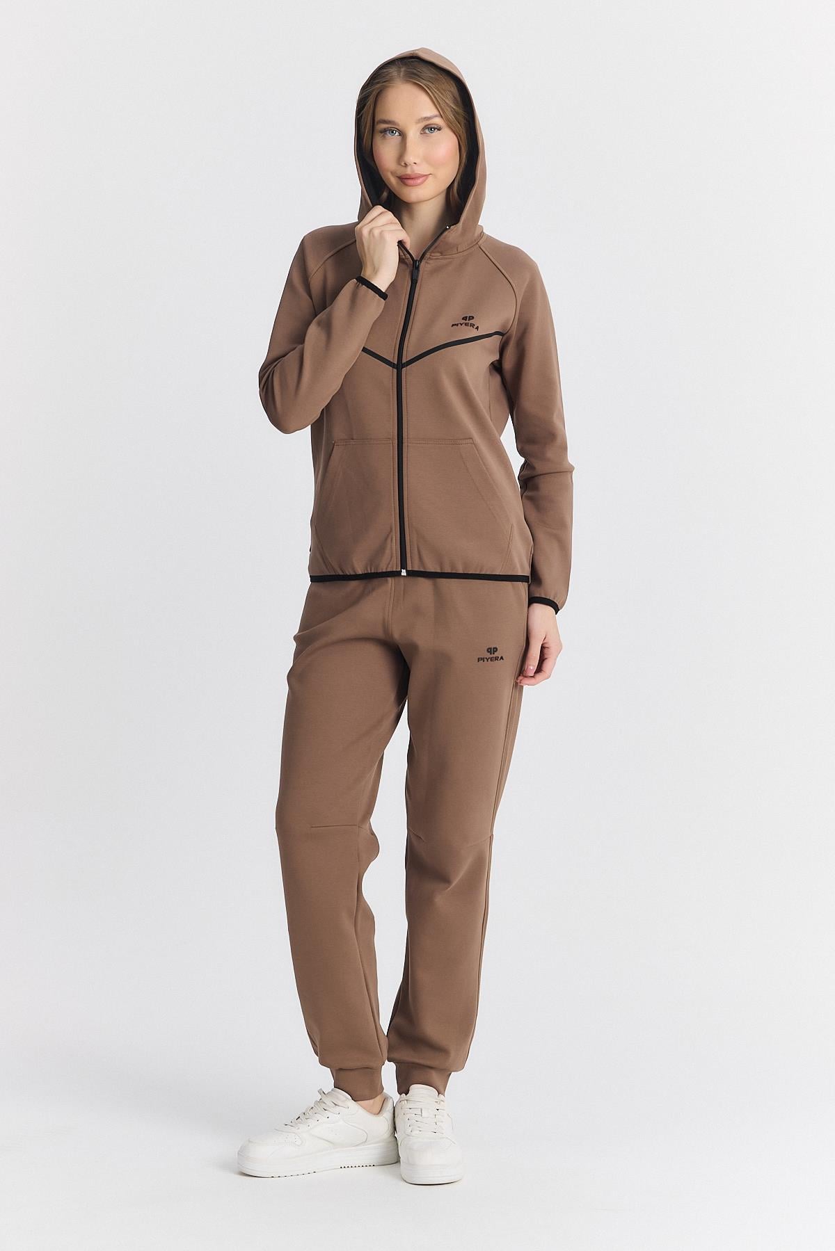 Kadın Double Face Göğüs Şeritli Lastikli Paça Fermuarlı Kapüşonlu Kahverengi Eşofman Takımı - 7805