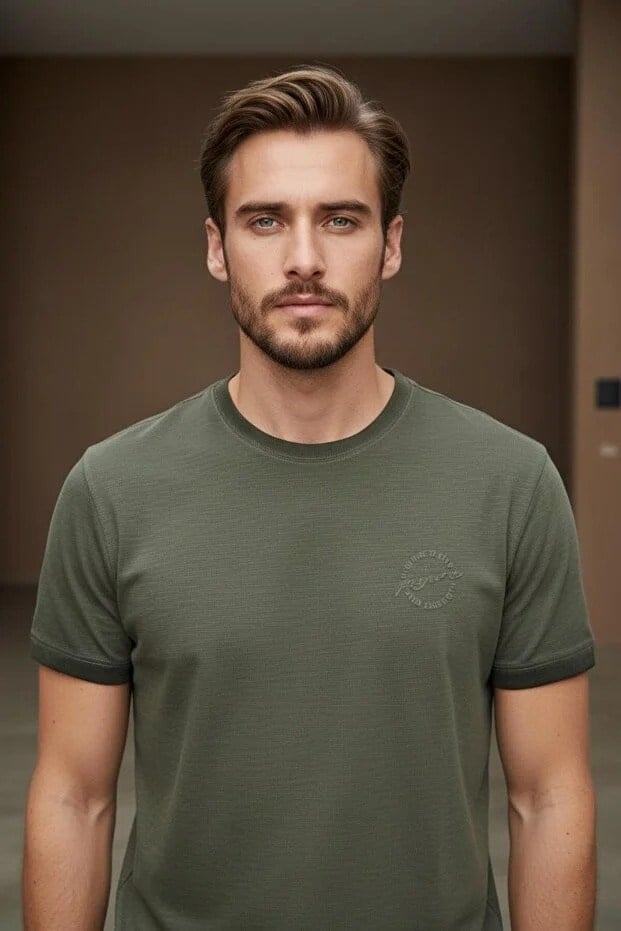 Erkek Basic Tişört Slim Fit Bisiklet Yaka Pamuklu Rahat Günlük T-Shirt Koyu Haki -179