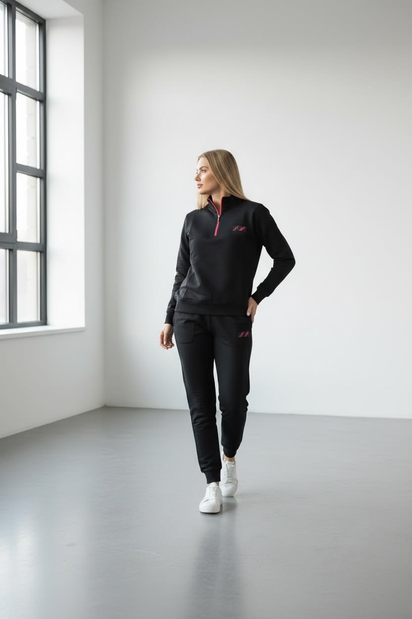 Kadın Siyah İki İplik Lastikli Paça Fermuar Yakalı Uzun Kol Sweatshirt Eşofman Takım - 7648