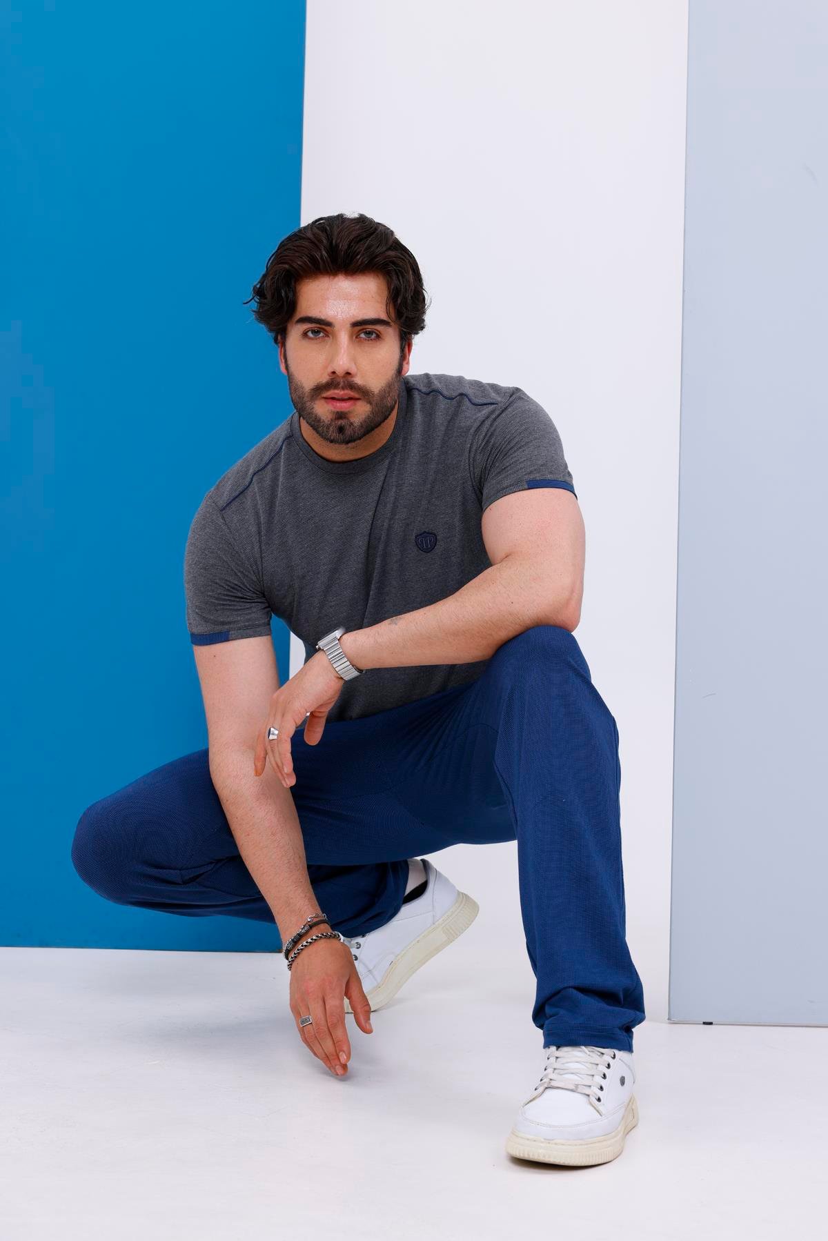 Erkek Battal Beden Antrasit Bisiklet Yaka T-shirt Alt-üst Takımı - 130