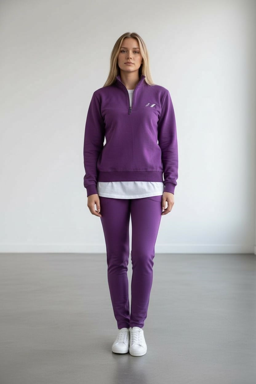 Kadın Mor İki İplik Dik Yaka Fermuarlı Eşofman Takımı - 76488