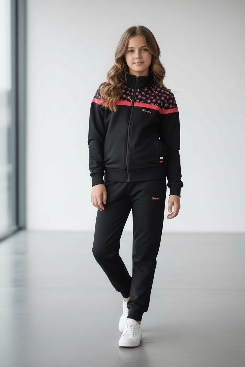 Kız Çocuk Lastikli Paça Fermuarlı Siyah Eşofman Takımı - 40006