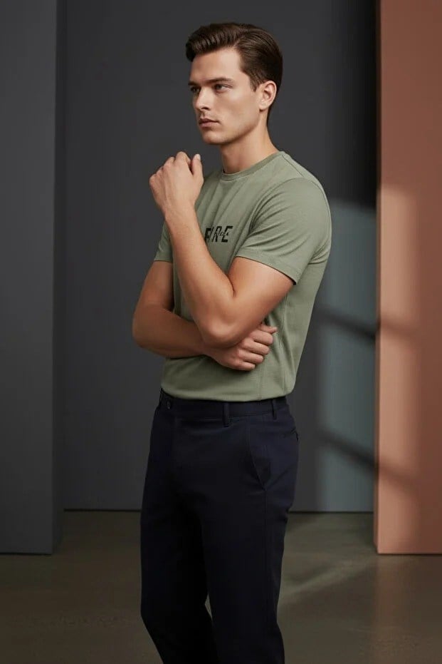 Erkek Mavi Inspire Baskılı Süprem Kumaş Tişört Slim Fit Pamuklu Yazlık Erkek T-Shirt Açık Haki-181