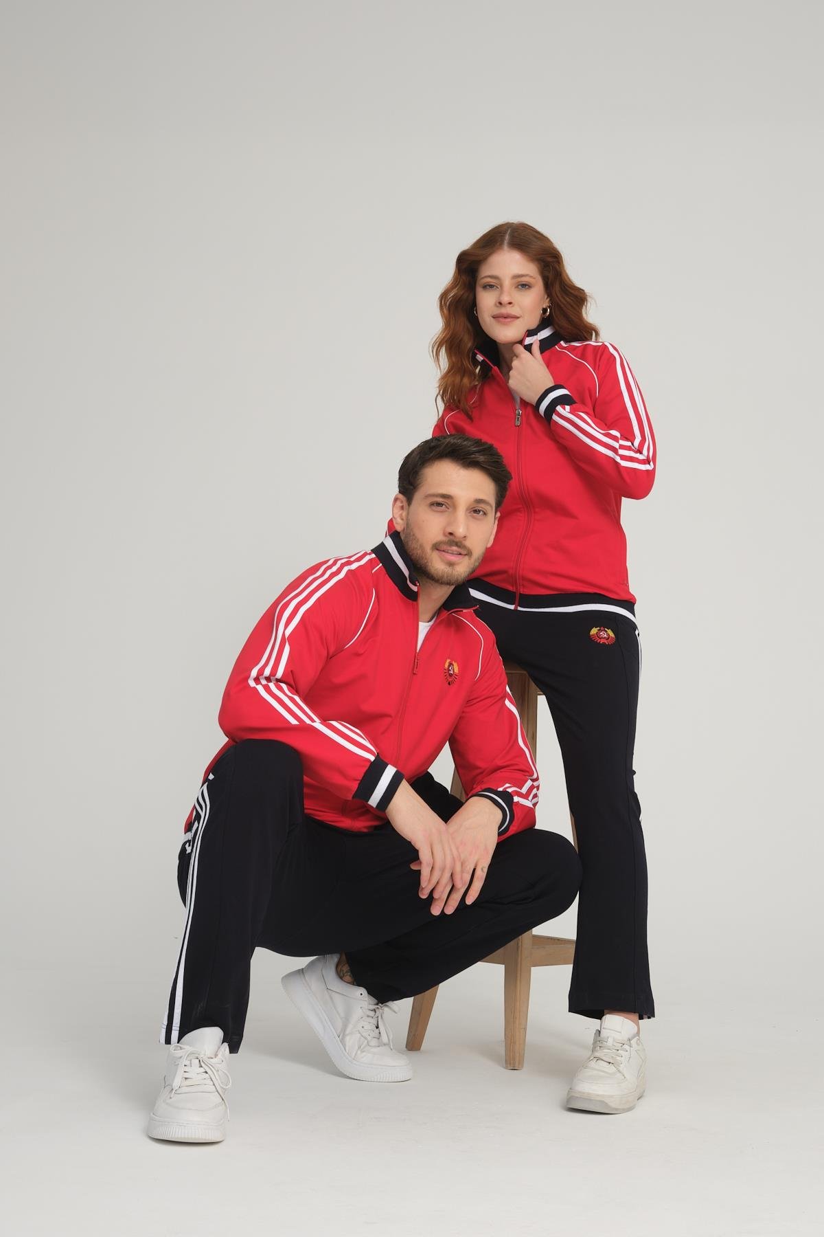 Kırmızı Unisex İki İplik Fermuarlı Sevgili Çift Kombin Rahat Spor Eşofman Takımı - 2'li