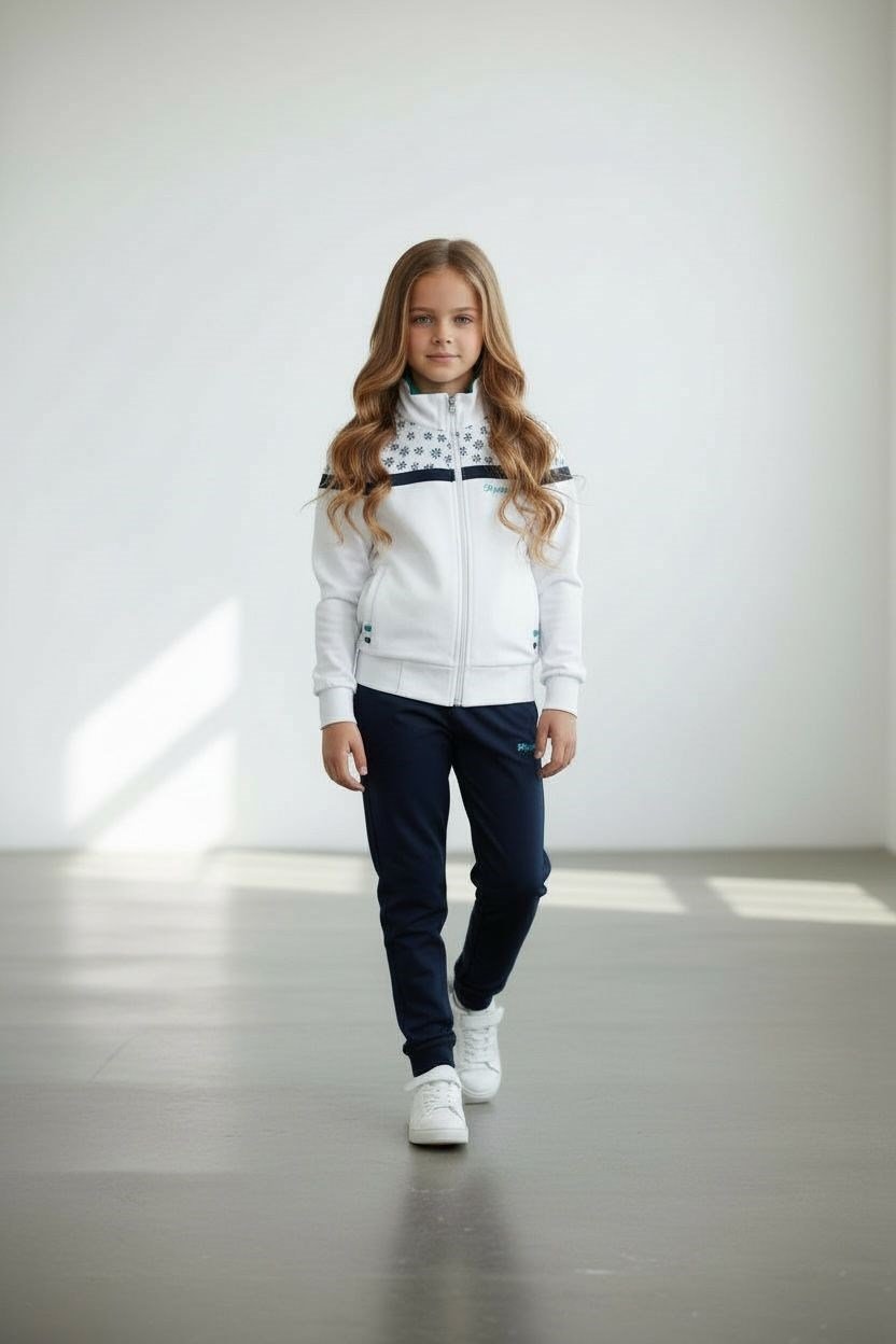 Kız Çocuk Lastikli Paça Fermuarlı Beyaz Eşofman Takımı - 40006