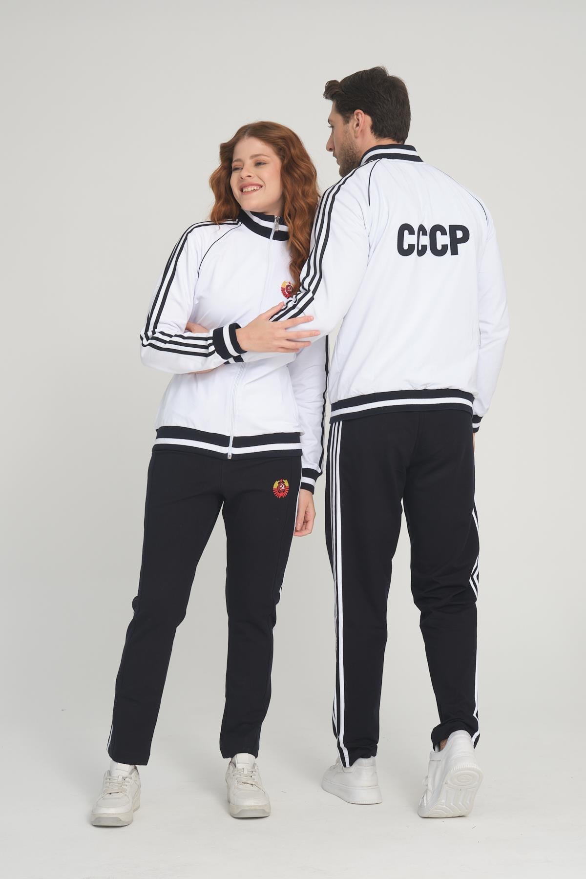 Beyaz Unisex İki İplik Fermuarlı Sevgili Çift Kombin Rahat Spor Eşofman Takımı - 2'li