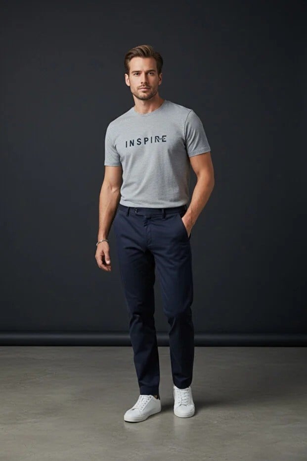 Erkek Mavi Inspire Baskılı Süprem Kumaş Tişört Slim Fit Pamuklu Yazlık Erkek T-Shirt Beyaz-181