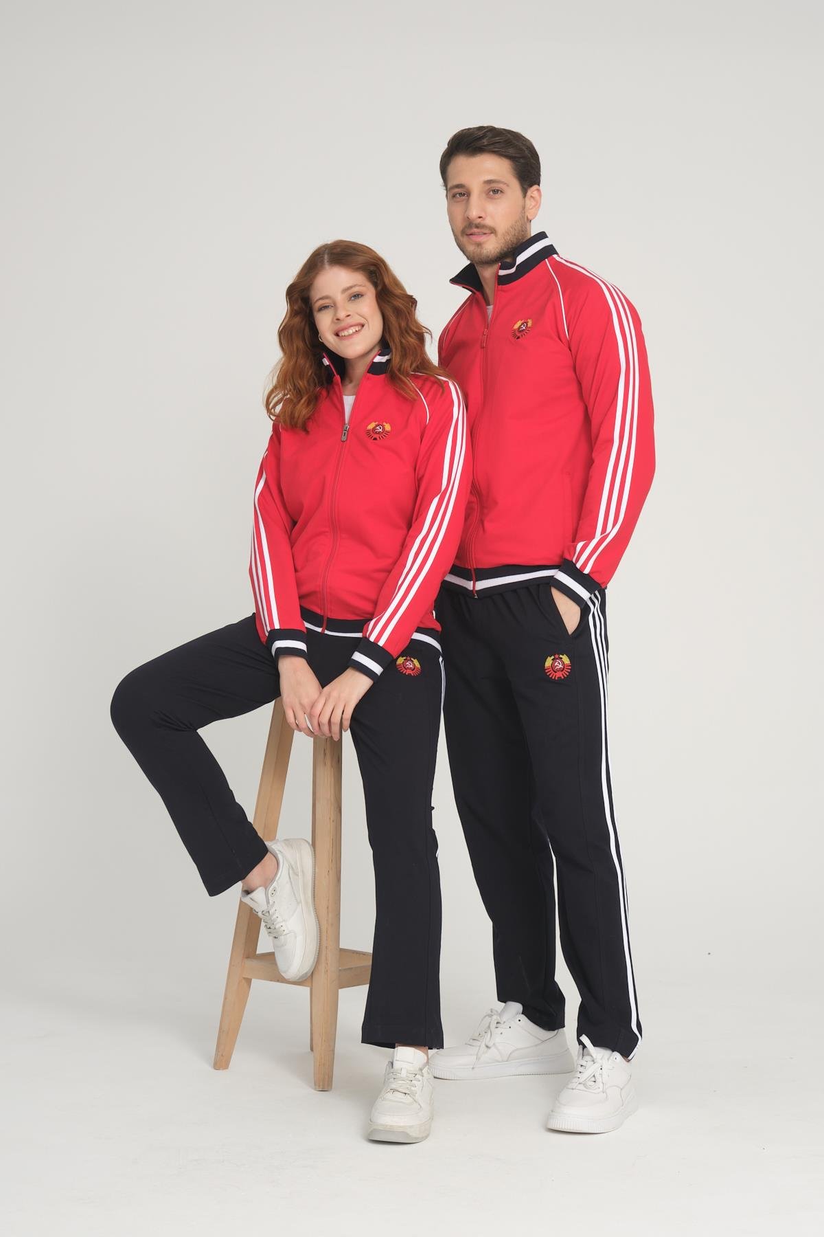 Kırmızı Unisex İki İplik Fermuarlı Sevgili Çift Kombin Rahat Spor Eşofman Takımı - 2'li