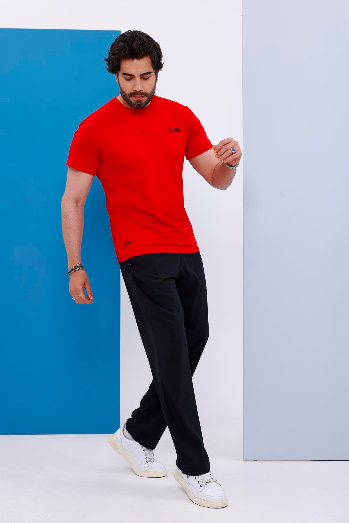 Erkek Battal Beden Kırmızı Bisiklet Yaka T-shirt Alt-üst Takımı - 101