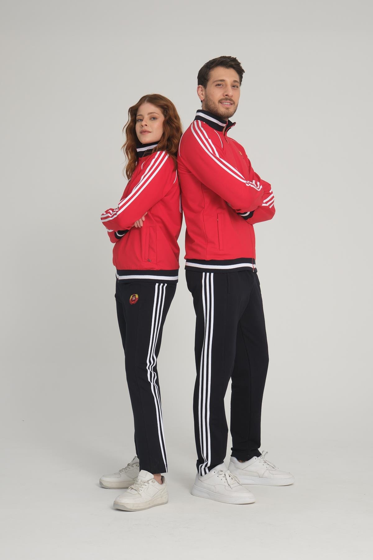 Kırmızı Unisex İki İplik Fermuarlı Sevgili Çift Kombin Rahat Spor Eşofman Takımı - 2'li