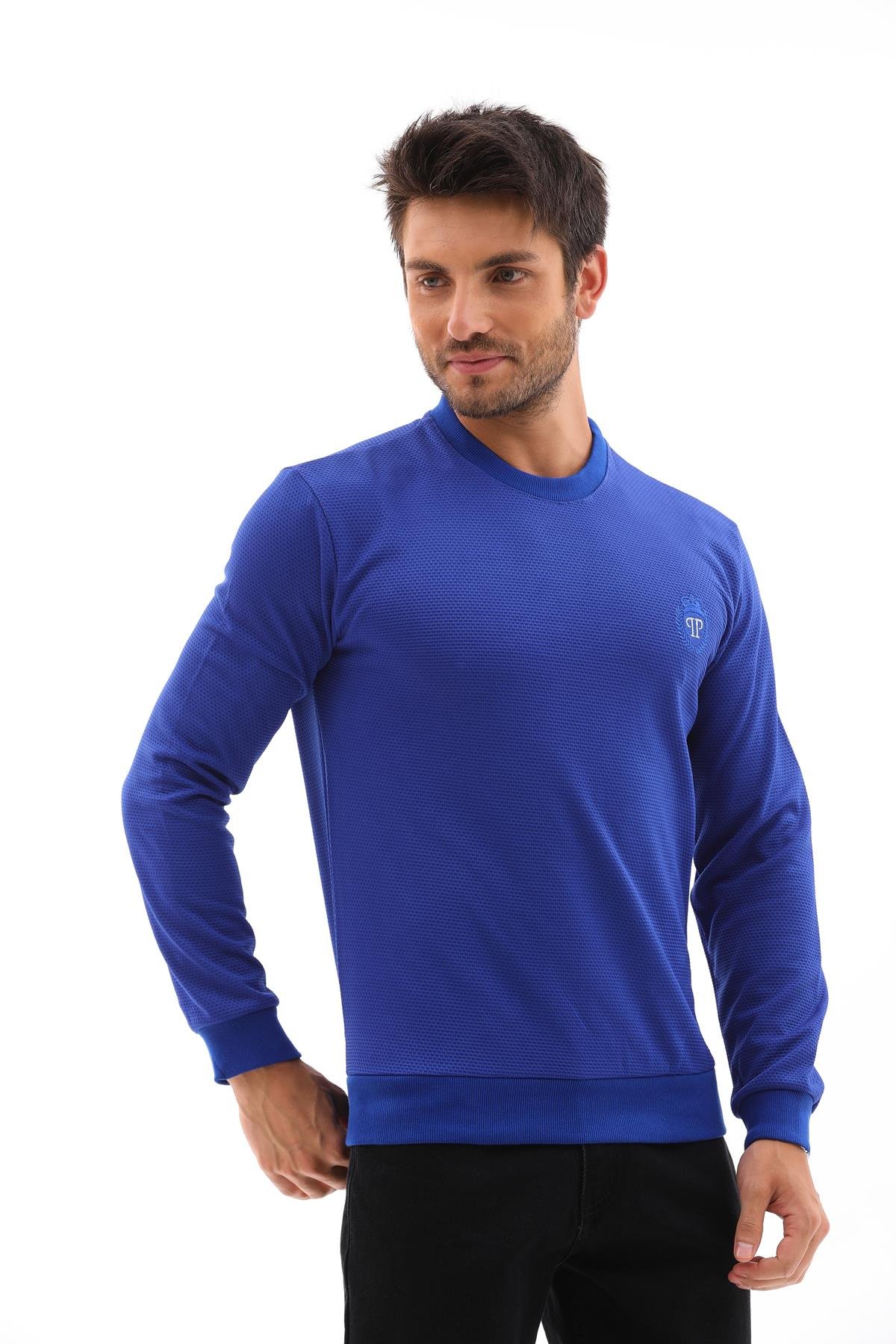 Erkek Saks Mavi Renk Mare Jaker Kumaş, Bisiklet Yaka Uzun Kollu Üst Sweat - 7656