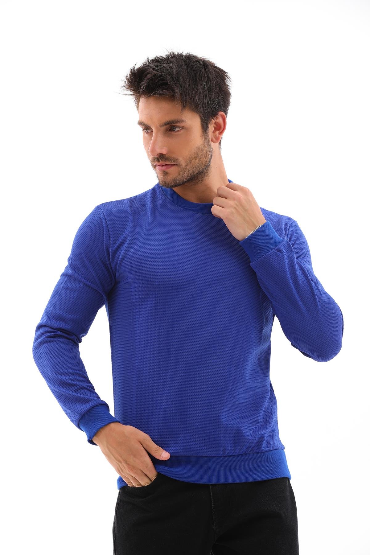 Erkek Saks Mavi Renk Mare Jaker Kumaş, Bisiklet Yaka Uzun Kollu Üst Sweat - 7656