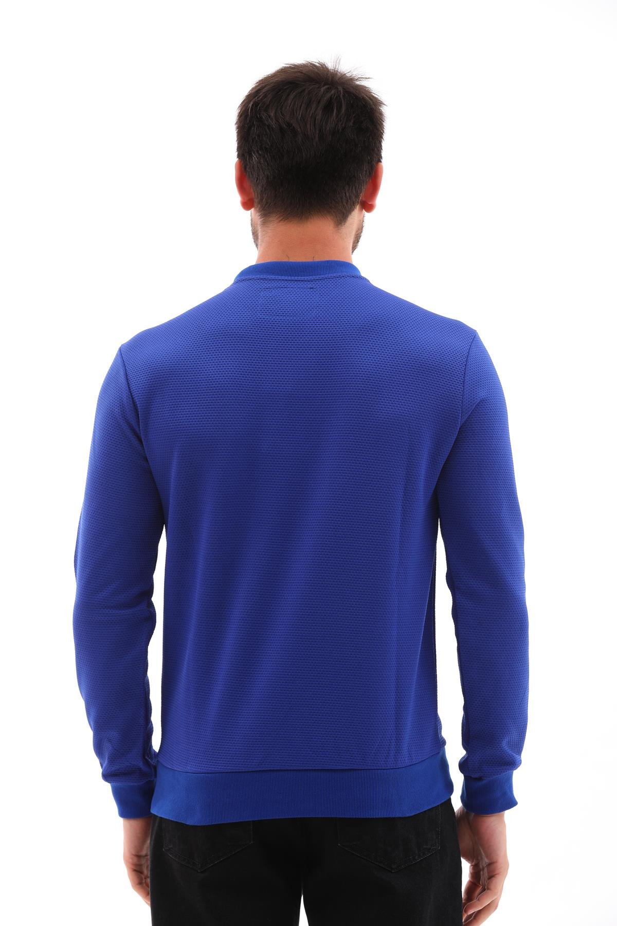 Erkek Saks Mavi Renk Mare Jaker Kumaş, Bisiklet Yaka Uzun Kollu Üst Sweat - 7656