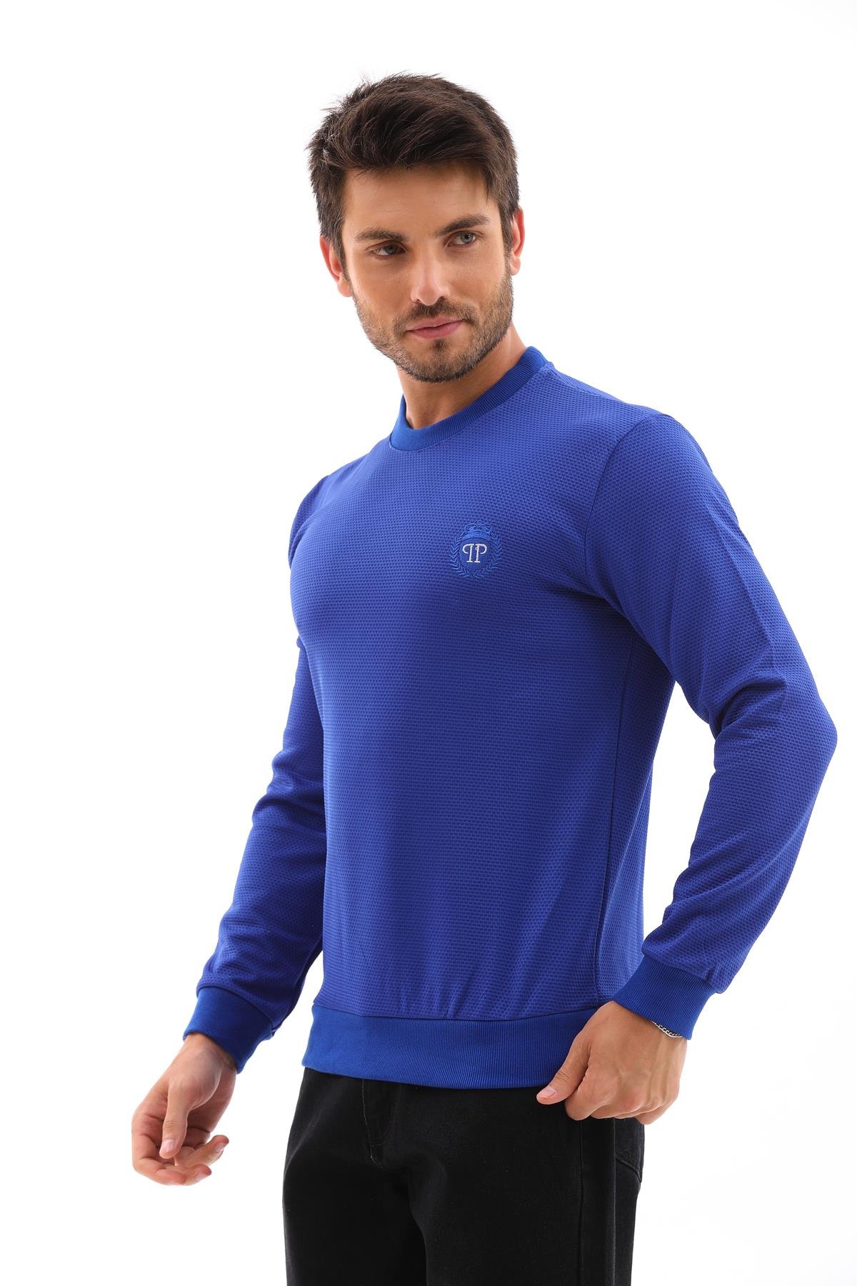 Erkek Saks Mavi Renk Mare Jaker Kumaş, Bisiklet Yaka Uzun Kollu Üst Sweat - 7656