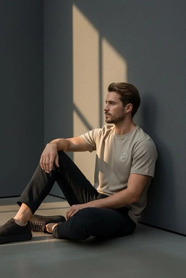 Erkek Basic Tişört Slim Fit Bisiklet Yaka Pamuklu Rahat Günlük T-Shirt Hardal-179