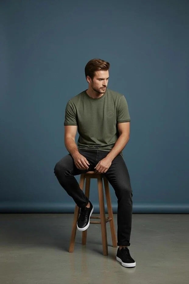 Erkek Basic Tişört Slim Fit Bisiklet Yaka Pamuklu Rahat Günlük T-Shirt Koyu Haki -179