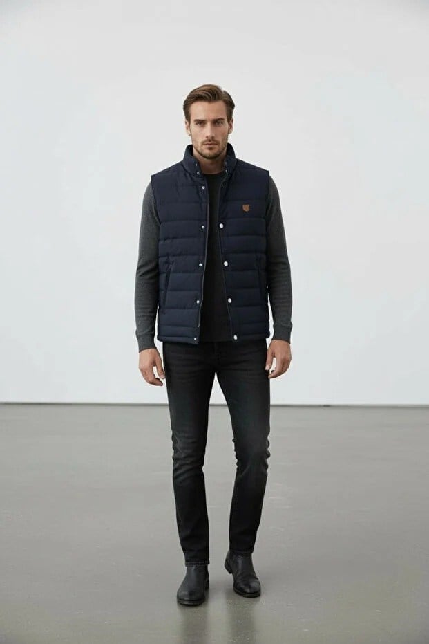 Erkek Şişme Yelek Hafif Dolgulu Günlük Spor Kullanım Dik Yaka Fermuarlı Modern Tasarım Lacivert Renk-70007