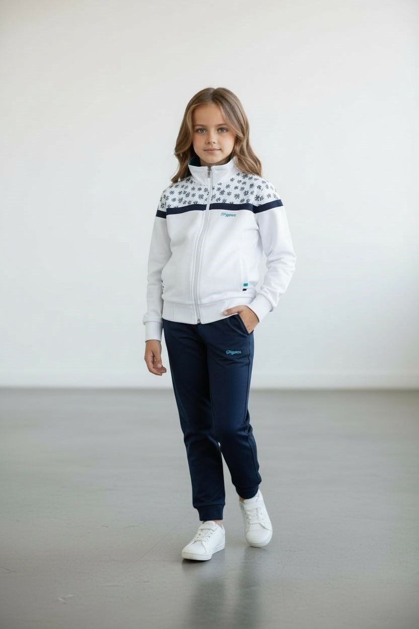 Kız Çocuk Lastikli Paça Fermuarlı Beyaz Eşofman Takımı - 40006