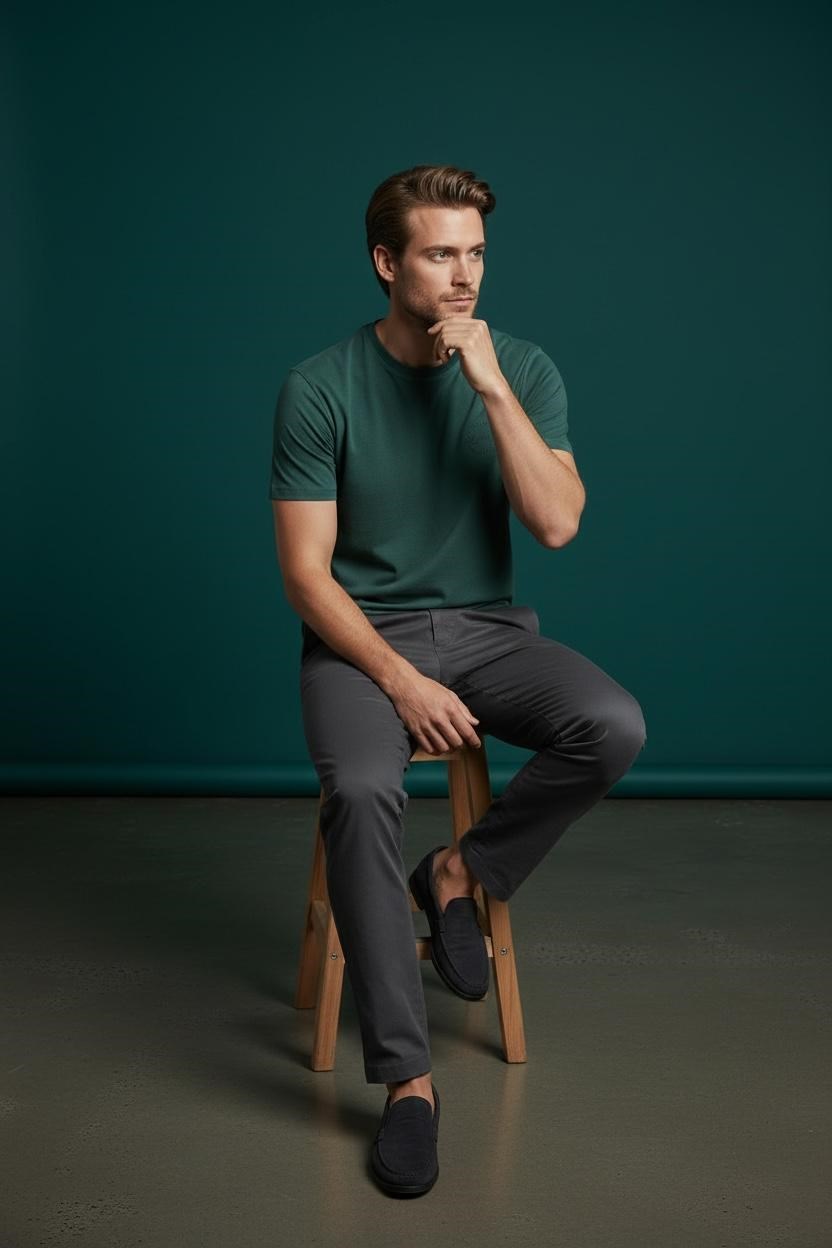 Erkek Basic Tişört Slim Fit Bisiklet Yaka Pamuklu Rahat Günlük T-Shirt Zümrüt yeşili -179